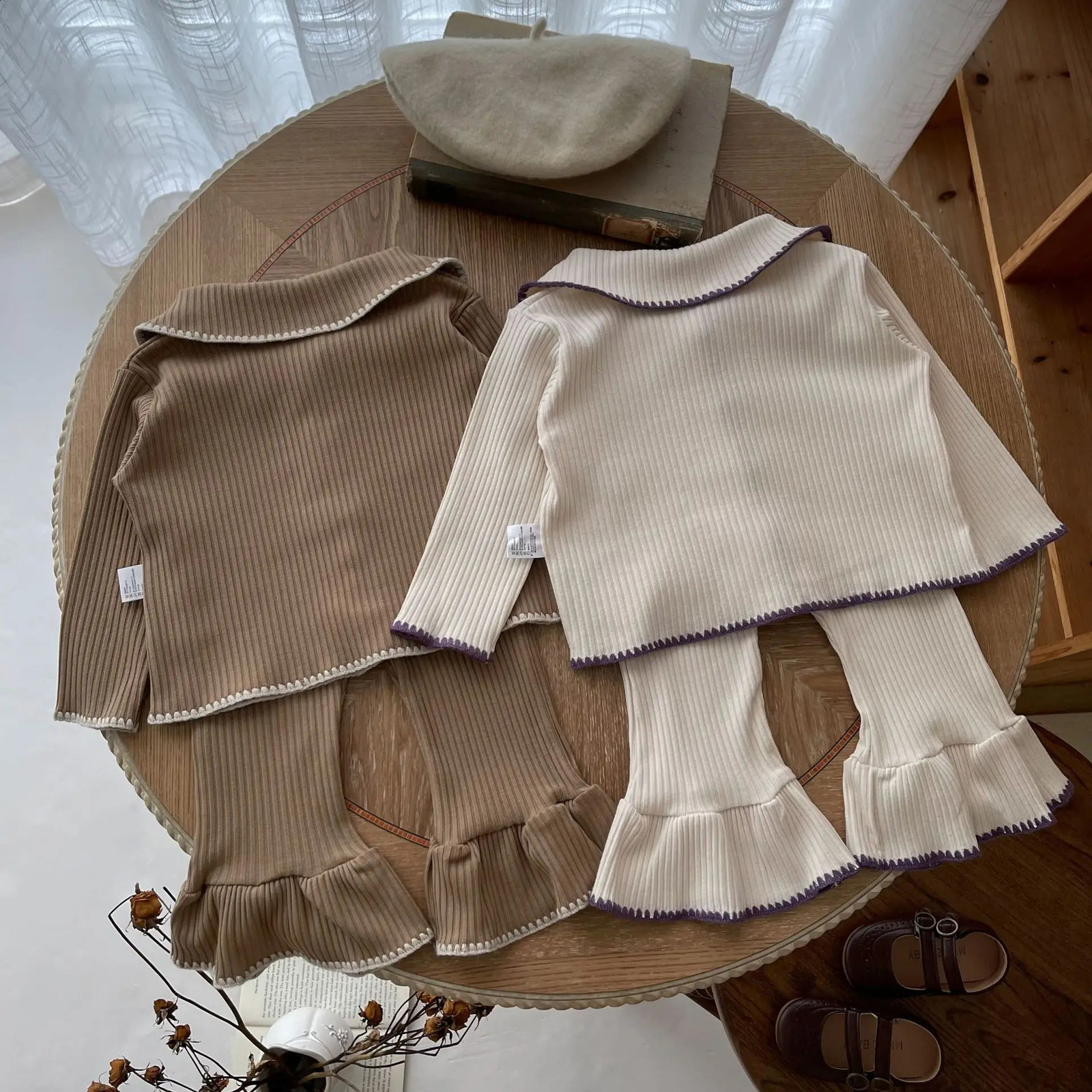 7467 Baby Clothing Set Autumn Shell Knitted Split Comparison CardiganBell Bottom Casual Girls Two Piece 240925