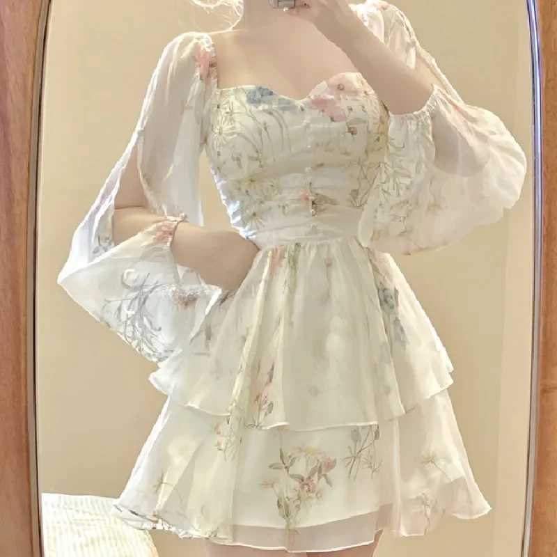 French Elegant Floral Mini Dress Chiffon Long Sleeve Evening Party Dress Women Holiday Beach Boho Fairy Dress Korean Y2k M240924