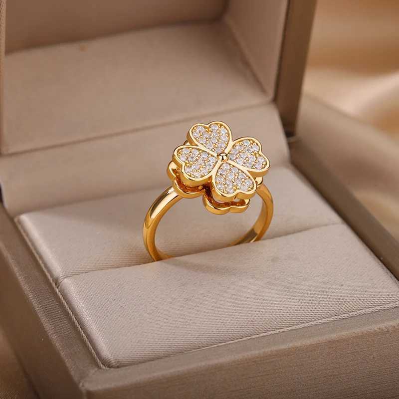 Four Trifolium Rotating Anxiety Rings Suitable for Women Adjustable Stainless Steel Wedding Ring 2024 New Aesthetic Jewelry Gift Anillos W240925