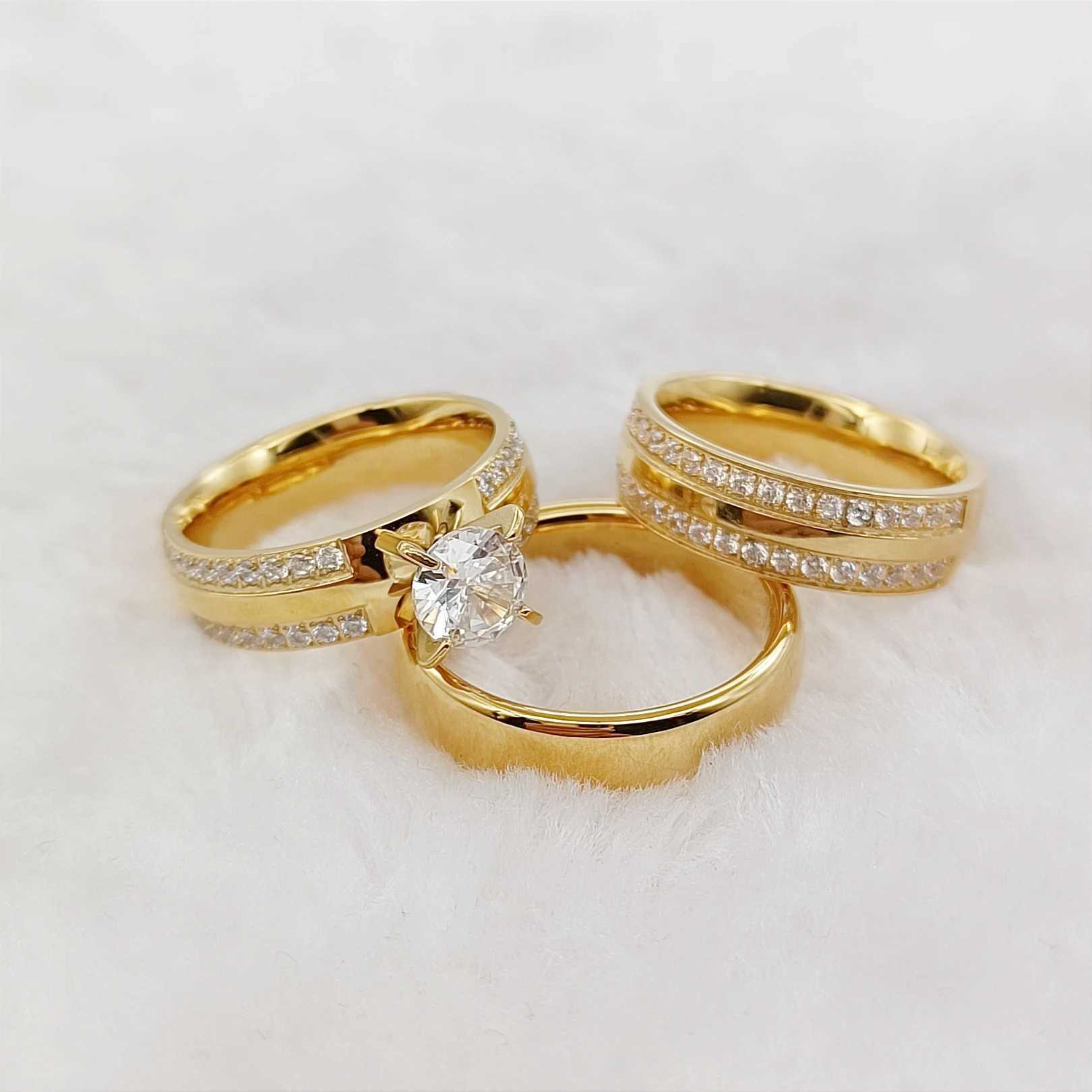 High quality 3-piece wedding engagement ring set suitable for couples CZ diamond 18k gold-plated fashionable jewelry lover ring W240925