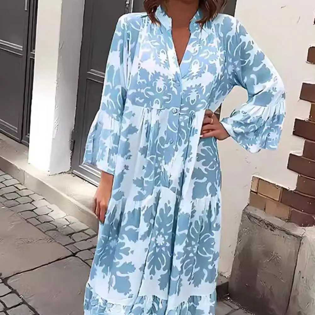 V-neck Printed Dress Elegant Floral Maxi Dress with V Neck Ruffle Patchwork Hem Womens Long Sleeve Single-breasted Commuting M240924