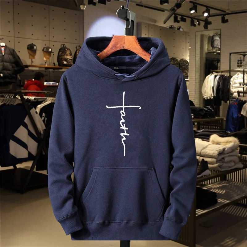 Autumn And Winter Mens Casual Sports Fleece Outdoor Comfortable Round Neck Fashionable Faith Printed Sports Hooded SweatshirtX240925