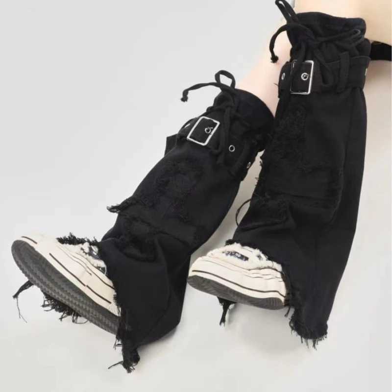 Other Fashion Accessories New Fashion Cool Thin Black Denim Leg Covers Vintage Drawstring Strap Punk Cross Design Horn Stacked Socks Womens Leg Warmer