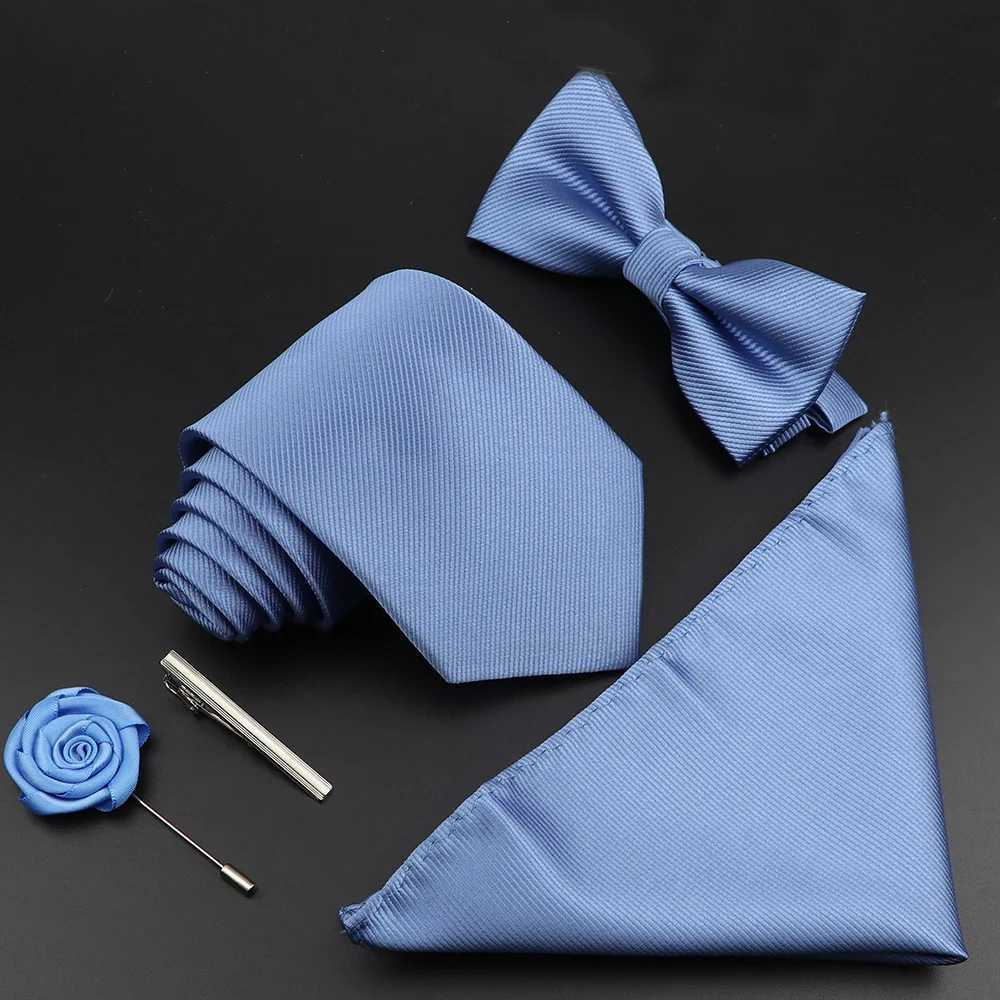 New Solid Color Silk Men Tie Set Polter Jacquard Woven Necktie Bowtie Suit Vintage Red Blue For Gro Business Wedding Party Y240925