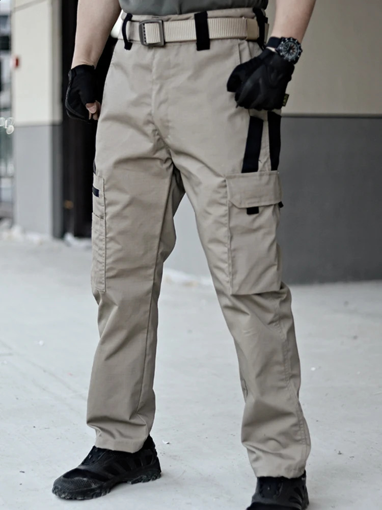 Mens tactical pants outdoor multi pocket waterproof and tear resistant cargo pants work clothes for hikers and runners mens clothing 240920
