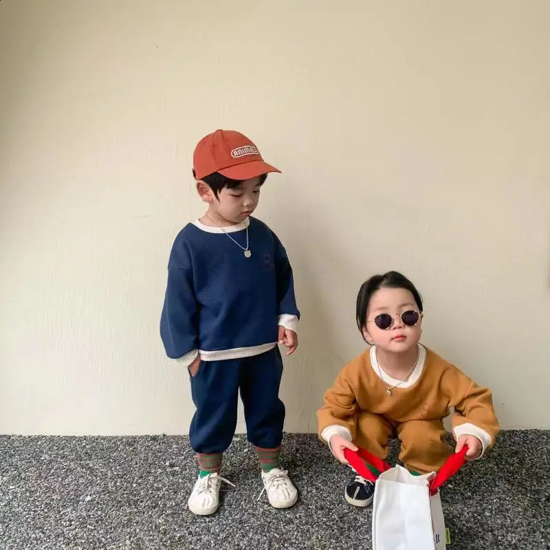 boys round neck set girls solid color cute spring and summer childrens fashion casual twopiece 12M6 years old 240925