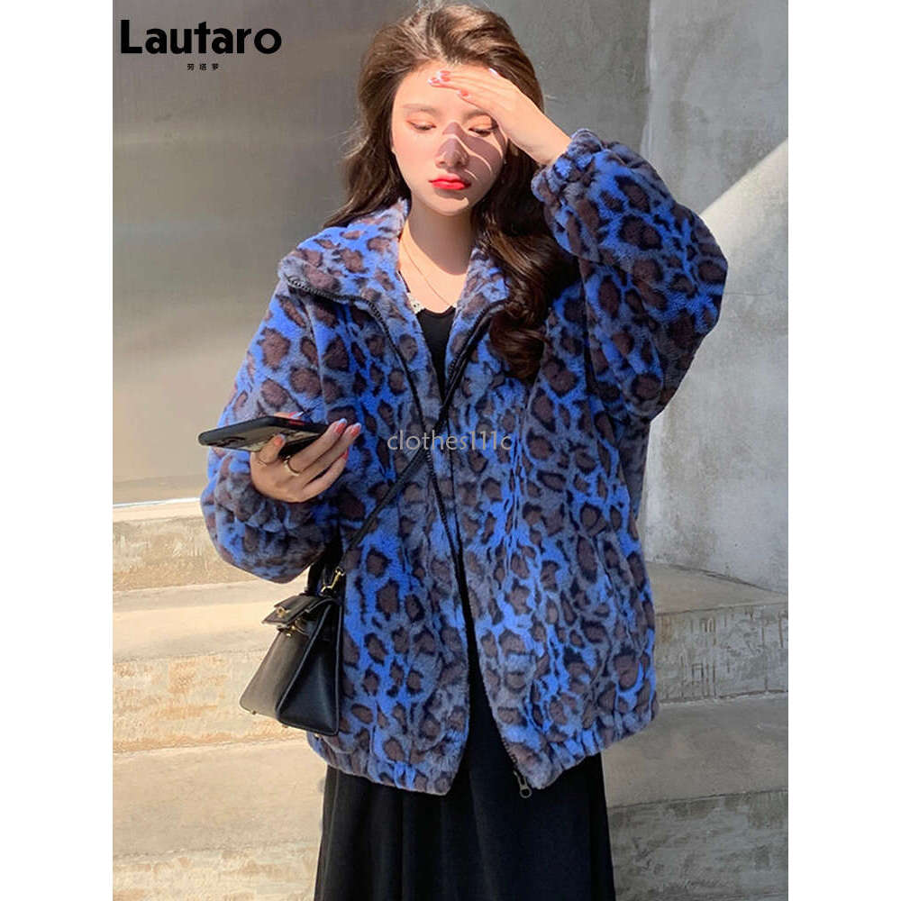 Lautaro Winter Oversized Colorful Leopard Print Faux Fur Coat Women Long Sleeve Zip Up Warm Soft Fluffy Jacket Korean Fashion