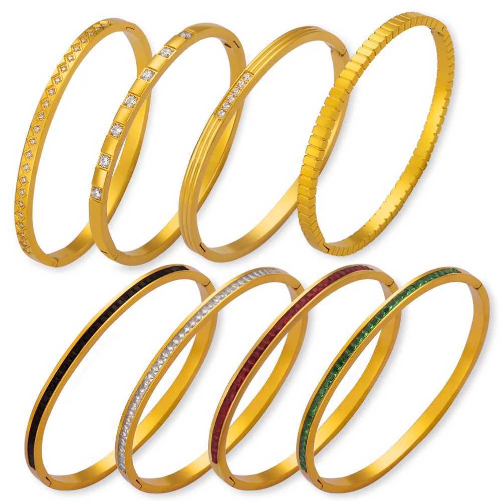 Waterproof Luxury Green Black White Cubic Zirconia Bangles Stainless Steel Open Bracelet Bangle 18k Plated Fashion Jewelry WomenX240925