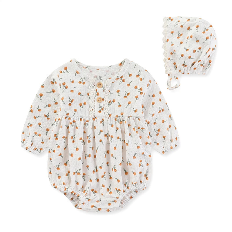born baby girl clothing set 024 months cotton tight fitting clotheshat long sleeved lace solid color jumpsuit printed Beibei 240925