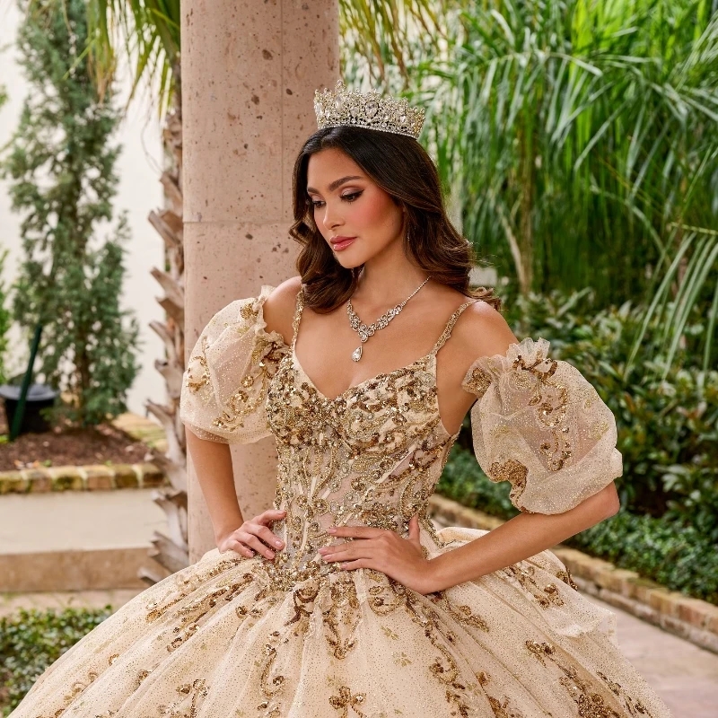 Champagne Shiny Quinceanera Dresses Ball Gown Spaghetti Strap Tulle Appliques Lace Beads Sweet 16 Dress Vestidos De 15 Anos
