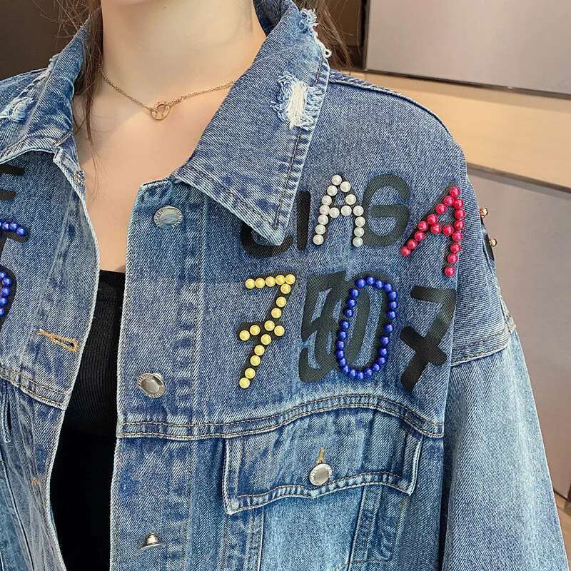 Women Streetwear Fashion Beading Cartoon Bear Denim Jacket Pocket Lapel Loose Long Sleeve Print Jeans Coat Female