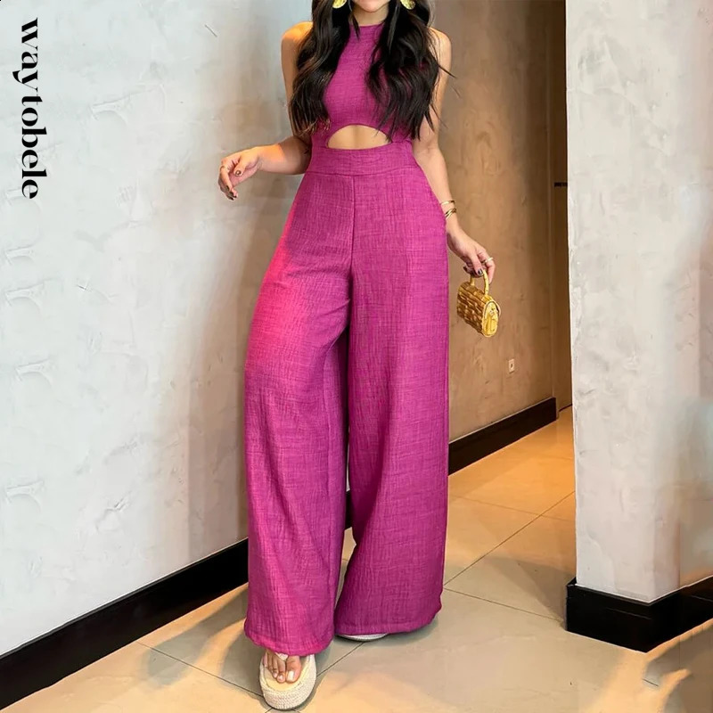 Waytobele womens jumpsuit summer casual vest round neck patchwork work sleeveless lace top hollow top loose pocket jumpsuit 240925