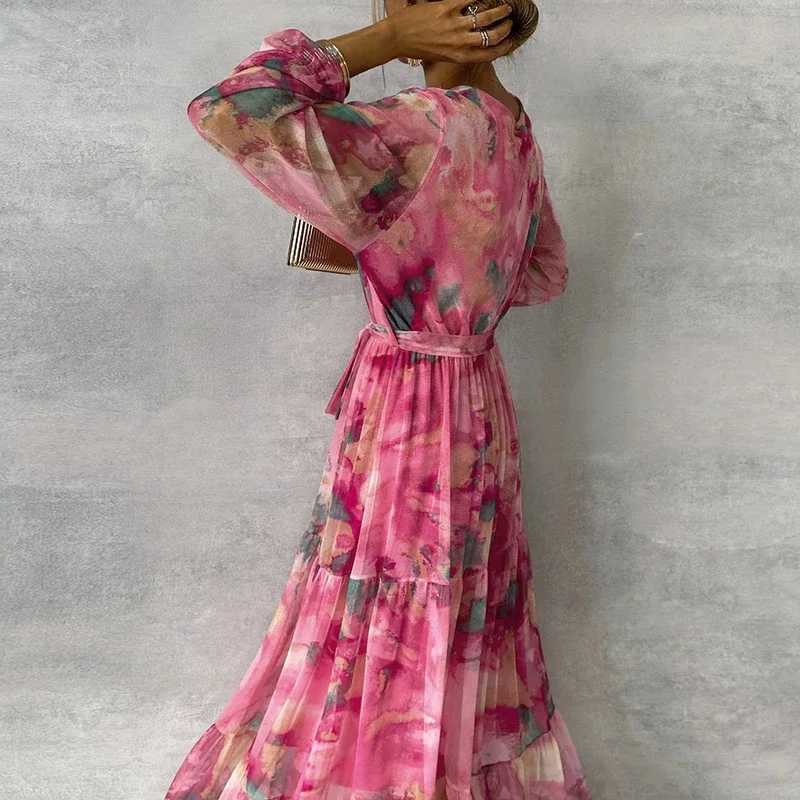 Spring Long-sleeved Floral Print Boho Dress Women Elegant V Neck Pleated Long Dress Summer High-waisted Belted A-Line Maxi Dress M240924