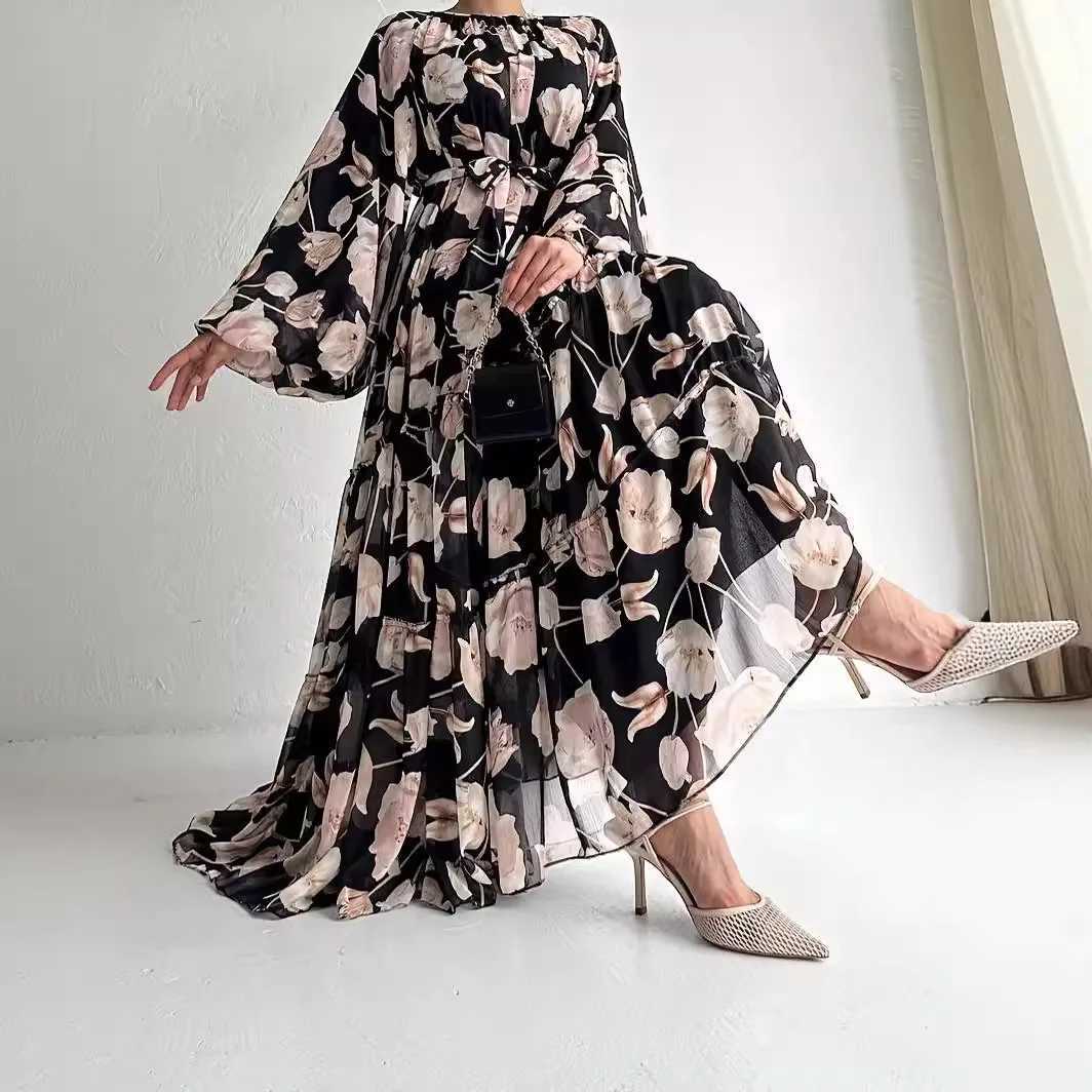 Chiffon Flower Dresses for Women Elegante Abaya Dubai Islam Muslim Dress Women Lace-up Casual Kaftan Clothes for Muslim Women M240924