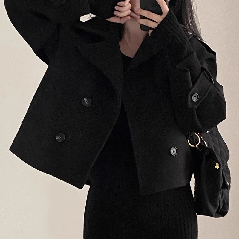 French retro collar wool jacket double chest pockets loose and versatile autumn coat winter chic top 240925