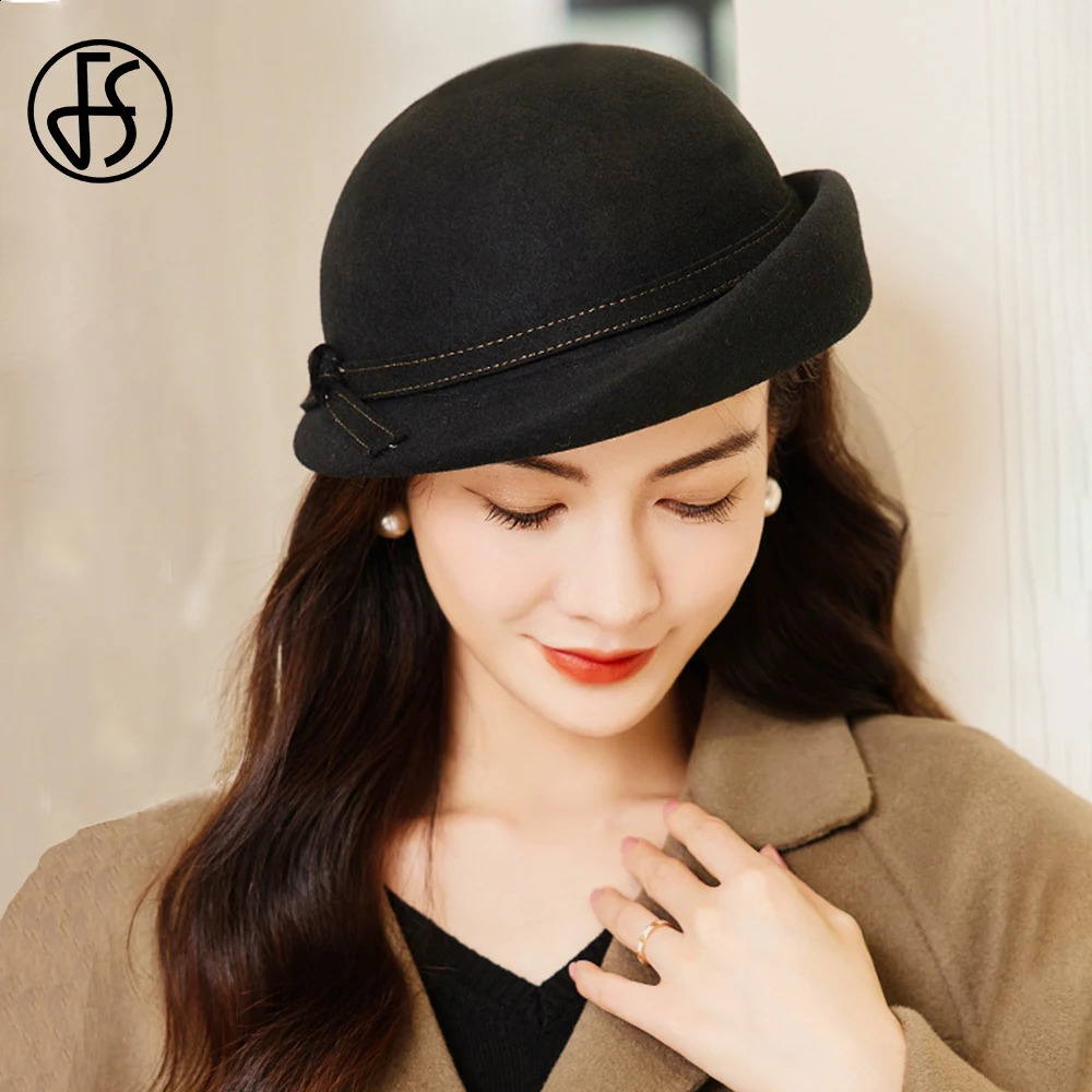 FS British Fashion Elegant Womens Wedding Party Top Hat Winter Hat Knitted Edge Beret Womens Retro Cork Wool Felt Fedoras 240921