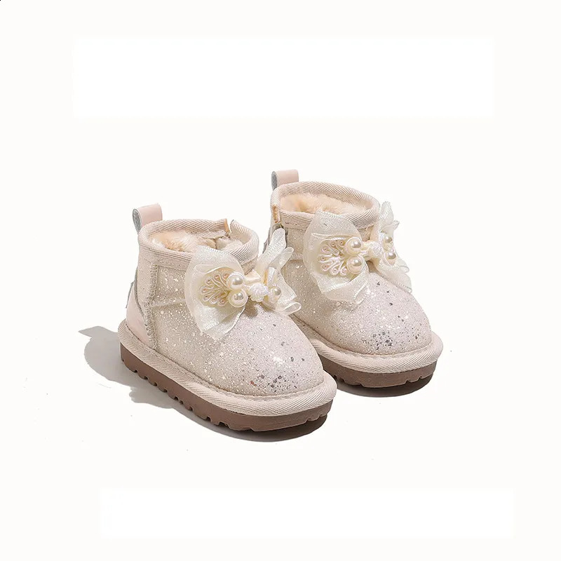 Winter Baby Snow Boots Suitable for Girls Sparkling Bow Warm Plush Childrens Shoes Fashionable Preschool EU 1625 240925
