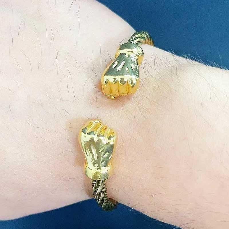 Open Cuff Hip Hop Stainless Steel Fist Bangles Adjustable Boxing Bracelets For Men Steel Rope Twisted Bangle Jewelry GiftX240925