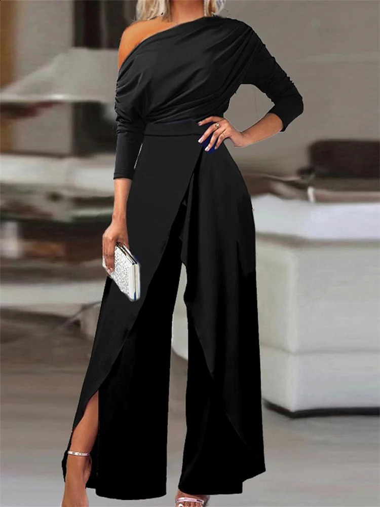 Elegant Jumpsuits for Women 2024 Spring Plain Office Lady Loose Ruched Cold Shoulder Split Hem Wide Leg Jumpsuit