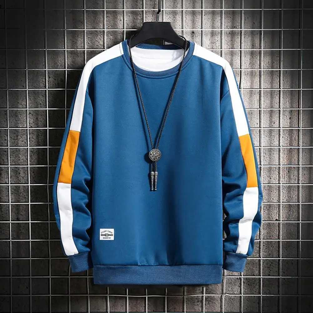 Loose Fit Men Sweatshirt Men Thick Top Cozy Mens Fall Winter Sweatshirt Stylish Round Neck Contrast Color Patchwork for WarmthX240925