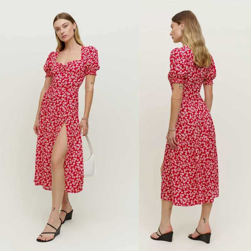 Womens Square Collar Lantern Short Sleeve Dress Slit Hemline at Hem New Spot M240924