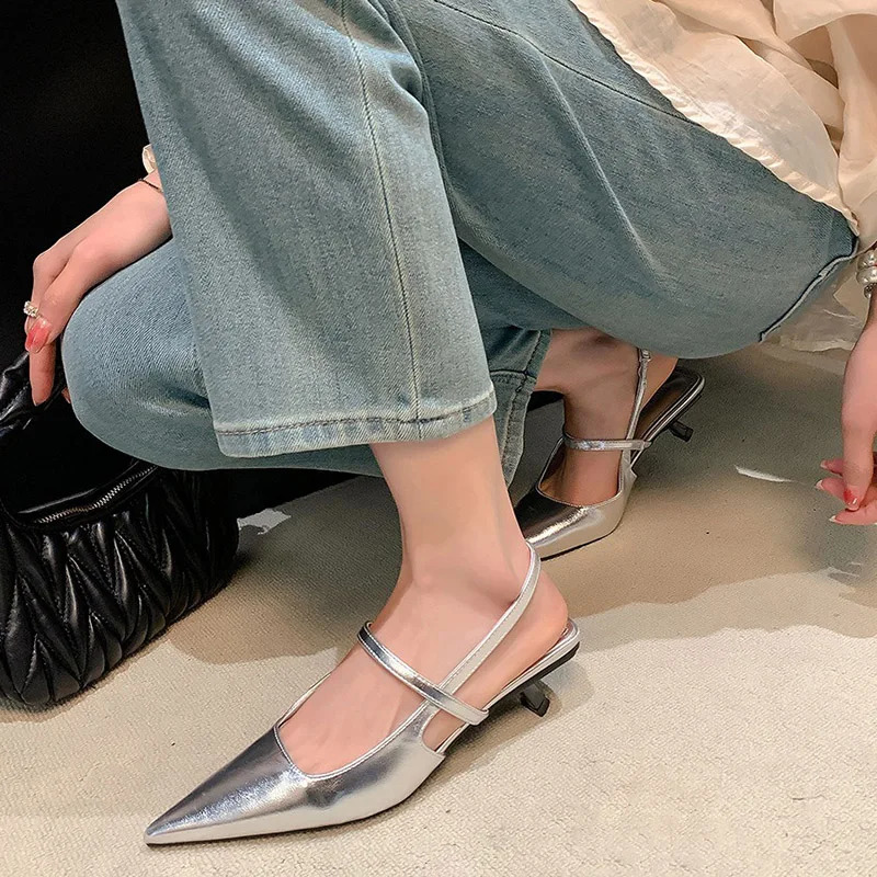 Summer Lady 5cm Thin Heels Fashion Sandals Women Silver Holographic Sandles Female Elastic Pointed Toe Slip On Shoes 240921