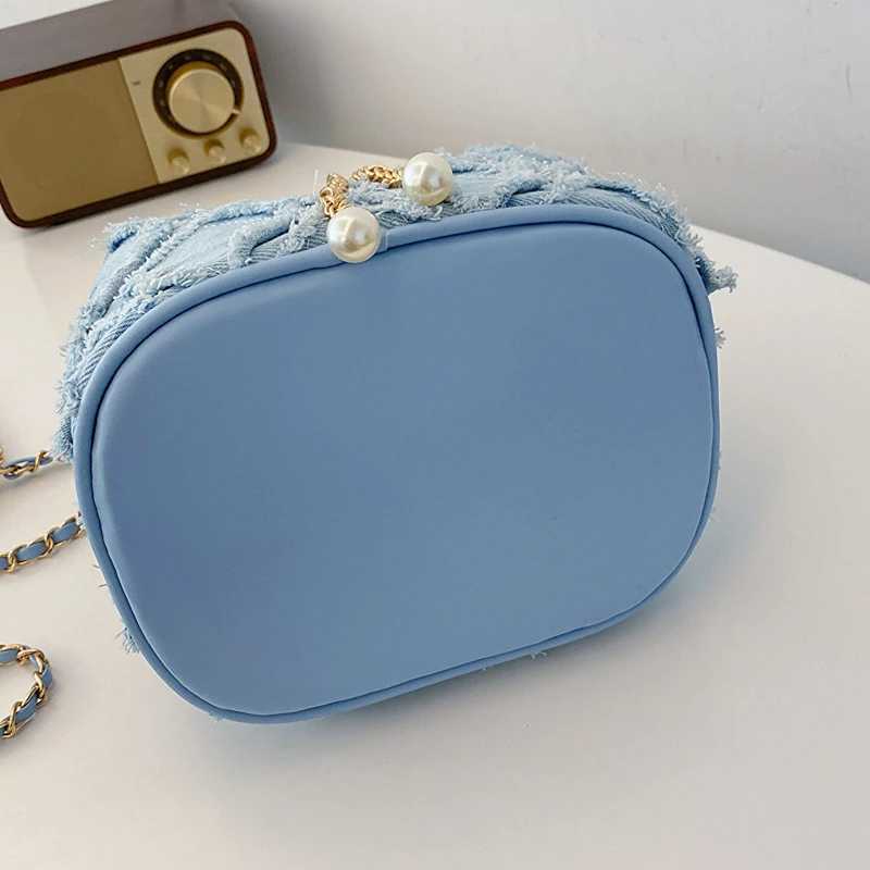 Denim Bucket Crossbody Bags for Women Chains Shoulder Strap Pearl String Designer Bags Luxury Solid Color Casual Fashion Purse M240925