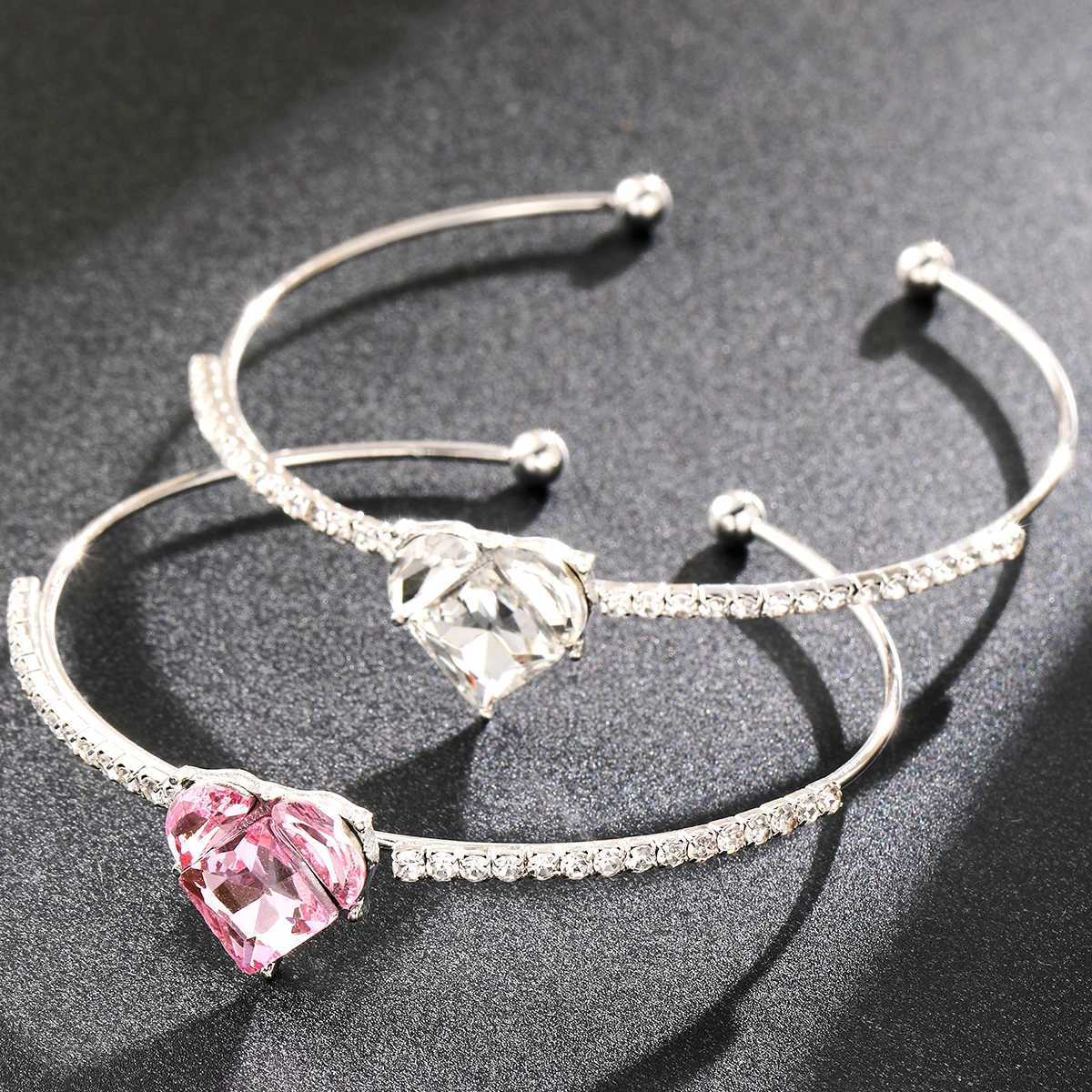 Fashion Open Cuff Pink Heart Bracelets Bangle For Women Sweet Style Silver Color Design Shiny Cubic Zircon Jewelry GiftsX240925