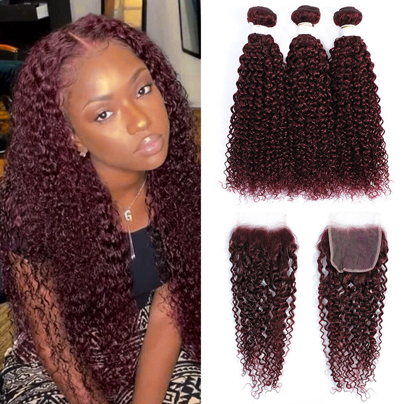 99J Burgundy Malaysian Indian Brazilian 100% Human Hair Kinky Curly 3 Bundles With 4X4 Lace Closure 4 Pieces/lot Free Part
