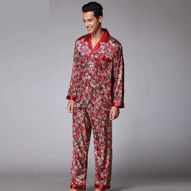 Sleepwear New Luxury Pajamas Men Paisley Pattern Slpwear Silk Long-slved Satin Mens Pyjamas Mens Lounge Pajamas Set Plus Size 4XL Z240925