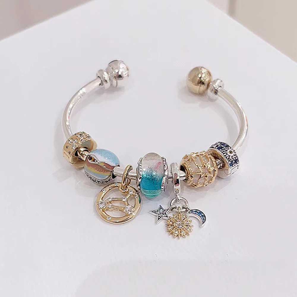 Authentic Silver Sun Moon Open Bangle Cuff Bracelets 925 Silver Charms DIY Women Party Fine Jewelry GiftsX240925