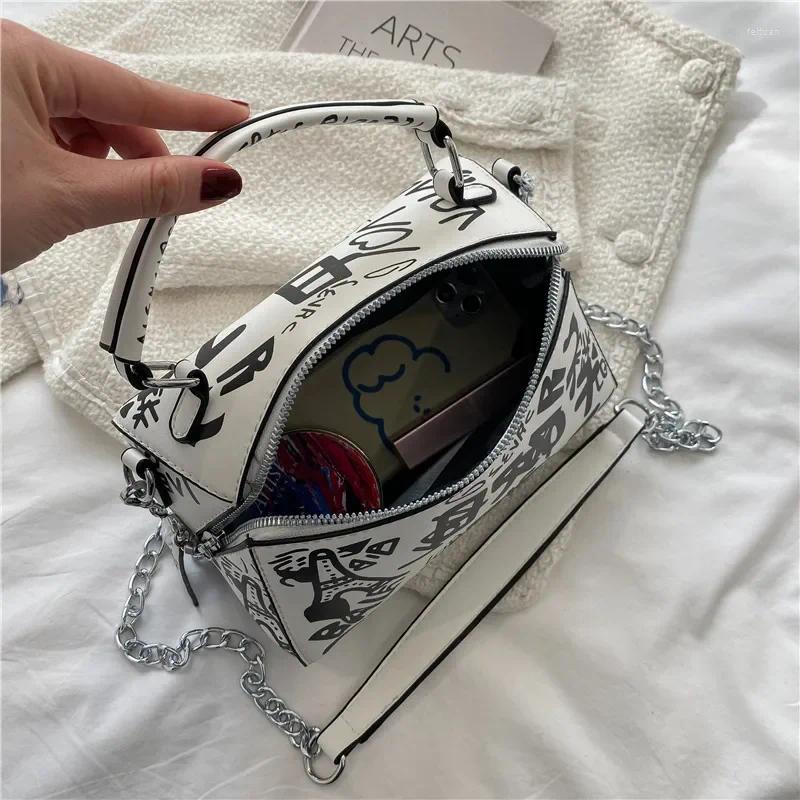 Drawstring Fashion Chic Graffiti Bags For Women 2024 Trend Design Leather In Handbag And Purse Casual Chain Shoulder Crossbody Bag