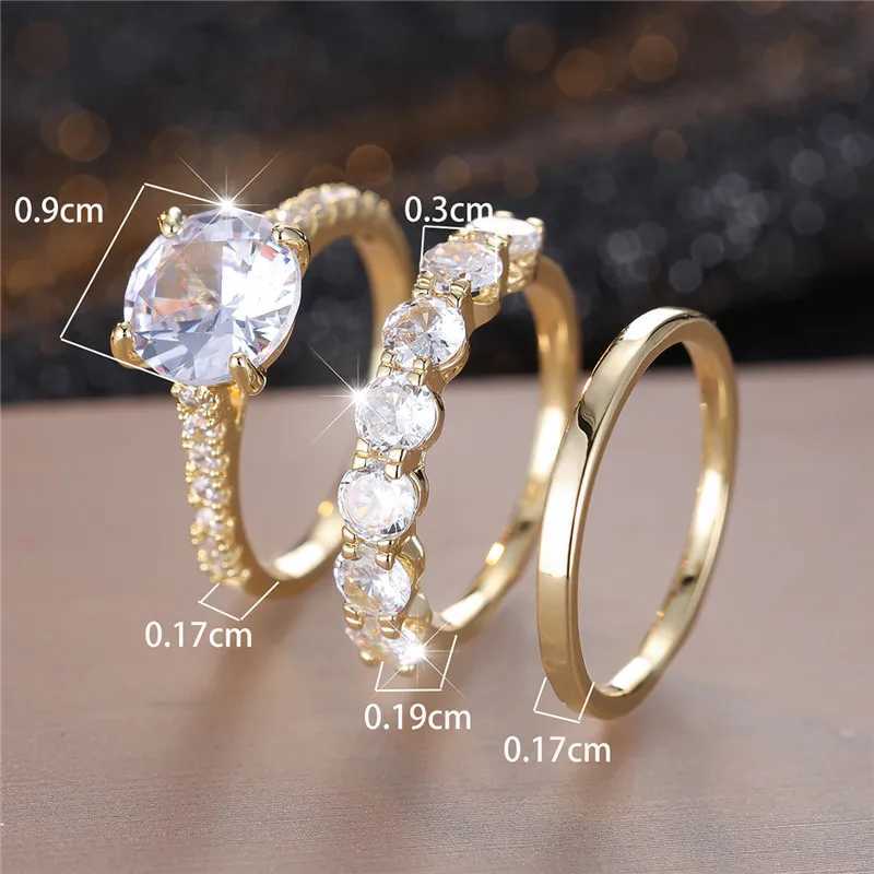 3 pieces of womens crystal white round zircon engagement ring set cute yellow gold womens wedding jewelry W240925