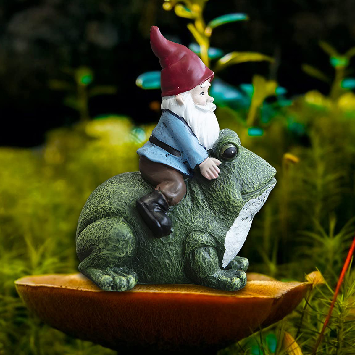 Gnome Riding Frog Statue Fairy Garden Decoration Funny Gnome Doll Gnome Resin Craft Statue