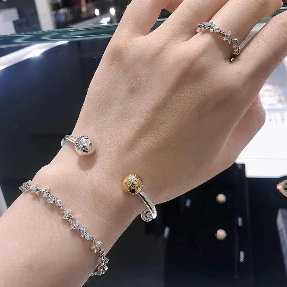 Authentic Silver Sun Moon Open Bangle Cuff Bracelets 925 Silver Charms DIY Women Party Fine Jewelry GiftsX240925