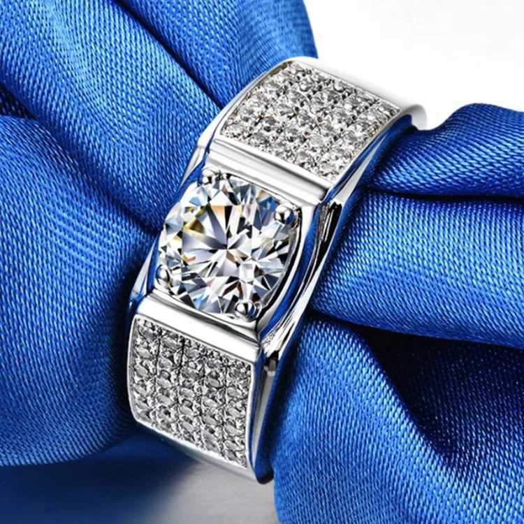 Solid 14K white gold AU585 white gold PT950 Mo silica diamond ring atmospheric mens ring mens ring width W240925