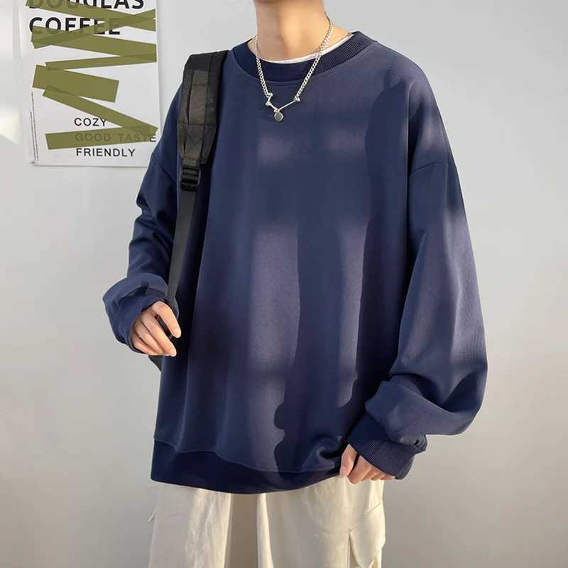 Simple Design Round Neck Sweatshirt Men Loose Streetwear Pullover Male Hoodies Black Beige PinkX240925