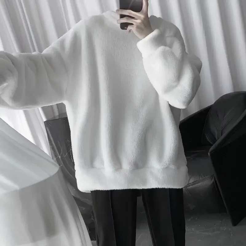 Autumn Winter Dull Black Sheep Velvet Sweatshirt Loose Fit Round Neck Student Couple Look Fleece Lined Thickened Jacket TrendyX240925