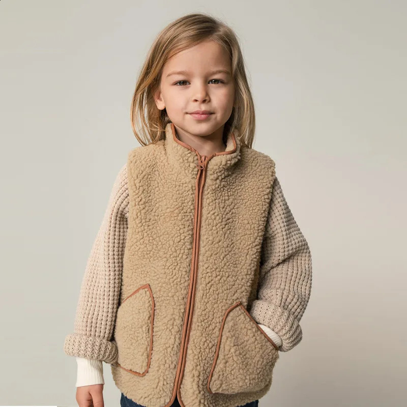 Arrival Autumn Winter Toddler Vest Brown Sleeveless Orange Border Fur Coats Waistcoats Zipper Cardigans for Baby Boys Girls 240921