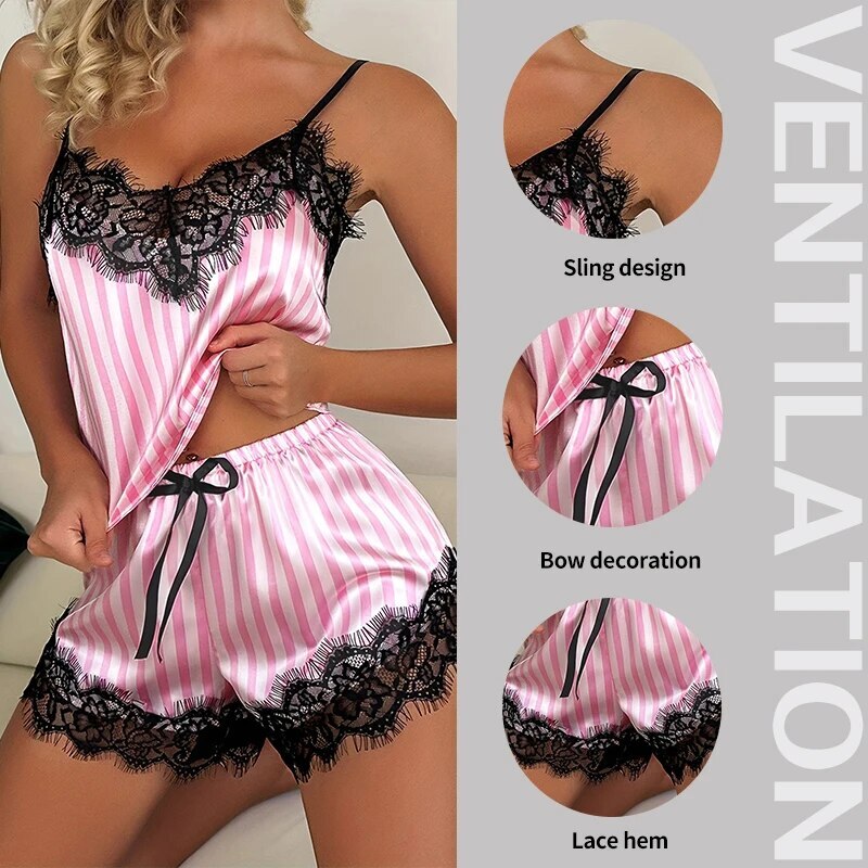 Two Piece V-Neck Lace Suspender Shorts Casual Women's Sleeveless Sexy Pama Set