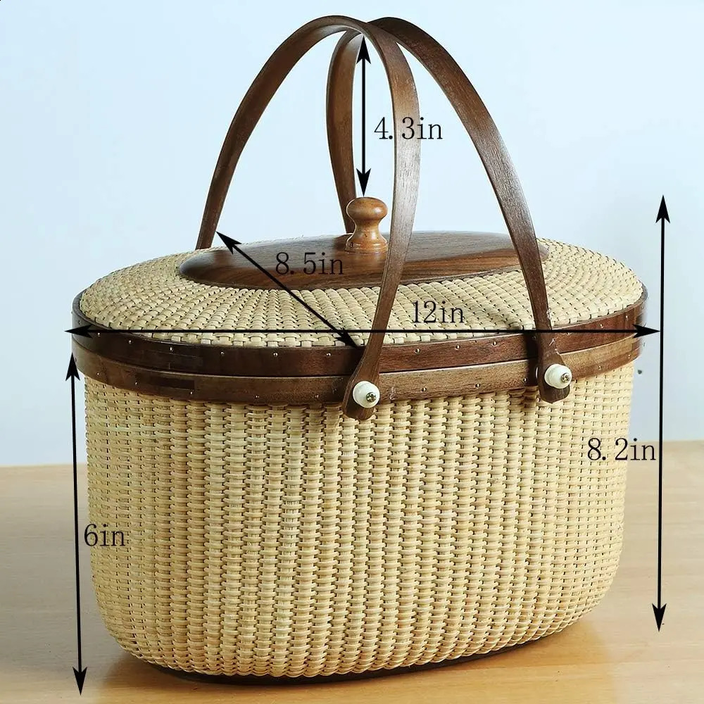 Nantucket Style Basket Rattan Handmade Products Womens Sewing Storage Double Swing Handle Handbag 240724