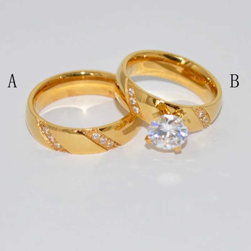 Hot selling stainless steel gold-plated wedding couple jewelry ring cubic zirconia W240925