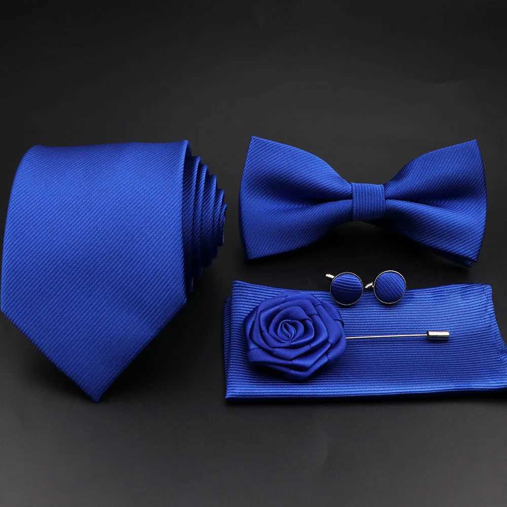 New Solid Color Striped Men Tie Set Polter Jacquard Woven Necktie Bowtie Suit Vintage Red For Gro Business Wedding Party Y240925