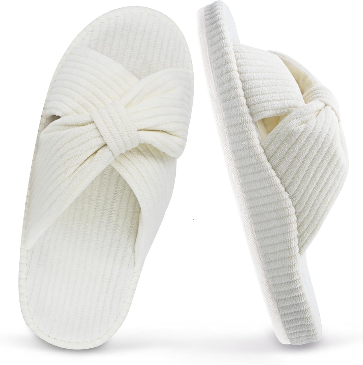Women's Cozy Memory Foam Arch Support House Ladies Orthopedic Crossband Open Toe Home Bedroom Bed Slippers for Plantar Fasciitis Fluffy Corduroy 