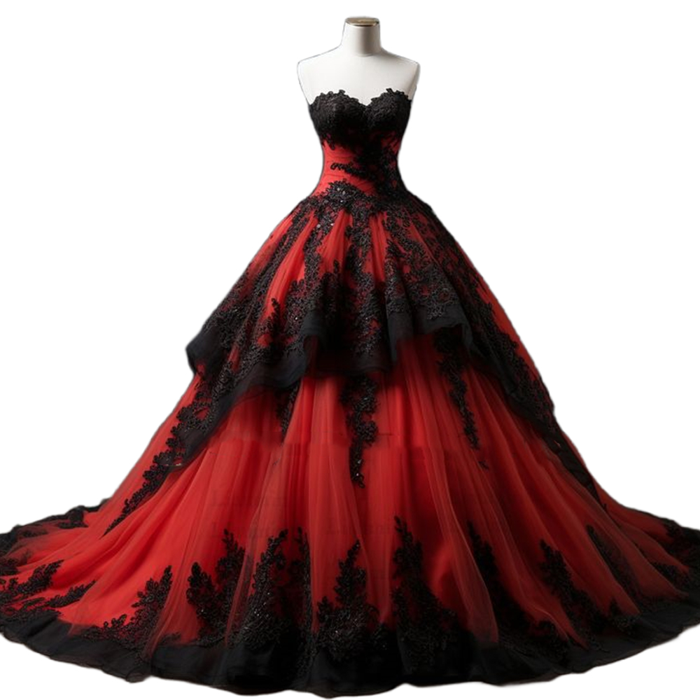 Vintage Black And Red Ball Gown Wedding Dresses With Lace Appliques Tiered Strapless Sleeveless Long Gothic Wedding Gown For Women 2025 Plus Size Vest