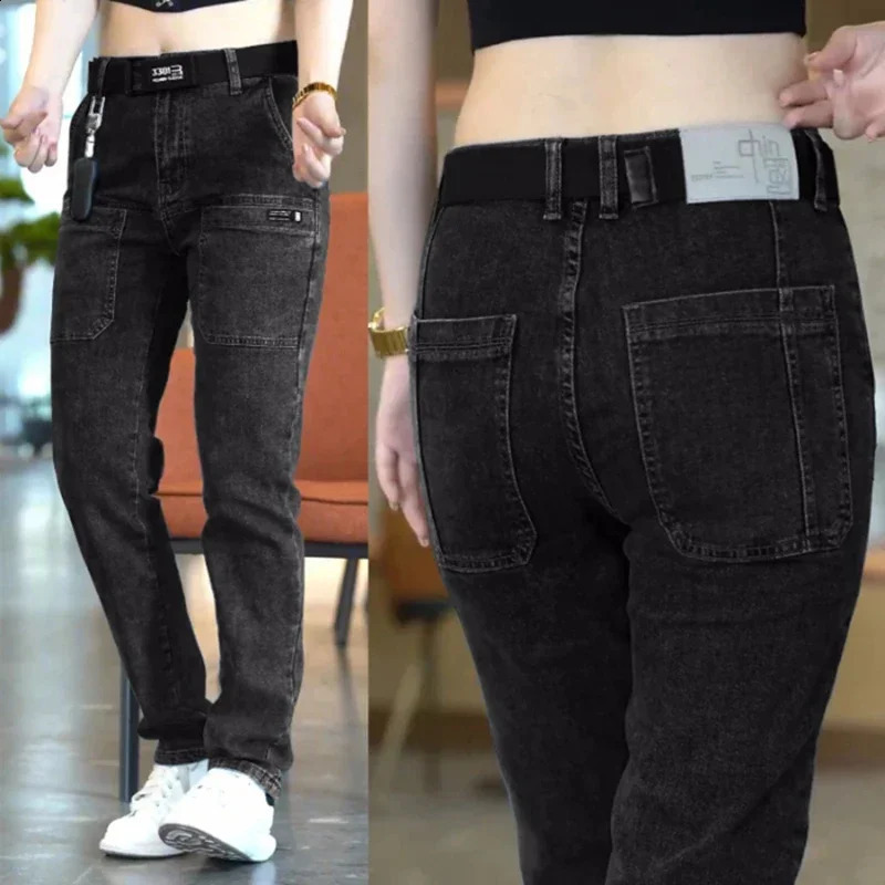 Mens cargo pants ultrathin elastic jeans with multiple pockets fashionable streetwear ner slim mens denim Trouser clothing blue and black 240925