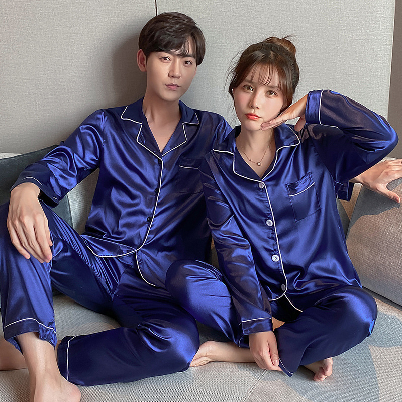 Pama Couple Ice Pamas Imitation Silk Long Sleeve Women's Casual Loose Large Men's Home Wear Sleepwear