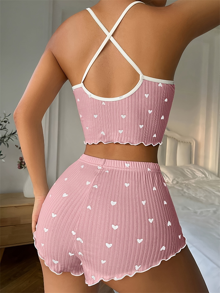 Heart Print Ribbed Frill Trim Pama Set, Cute Bow Notched Neck Cross Strappy Backless Crop Cami Top & Elastic Shorts, Women's S