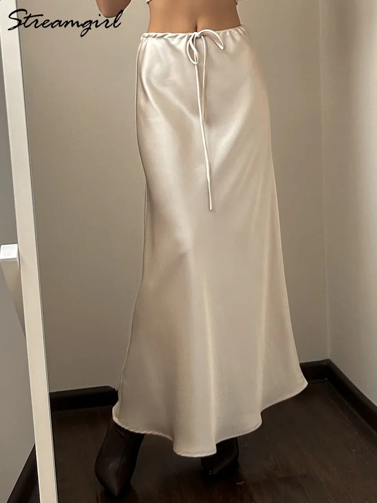Streamgirl A Line Long Satin Skirts For Women Black Elegant High Waist Maxi Beige Skirts Silk Lace Up Long Skirt Women 240914