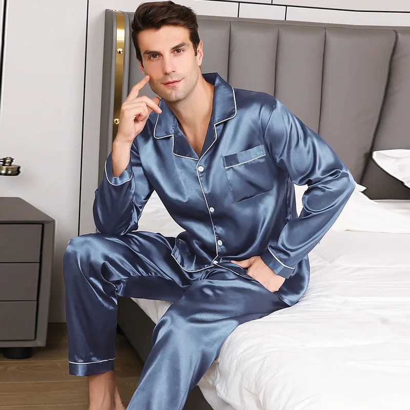 Mens Pajamas Suit Summer Ice Silk Slpwear Shr Thin Long-Slved Loose Large Size Loungewear Suit Silky Satin Nightwear M240925